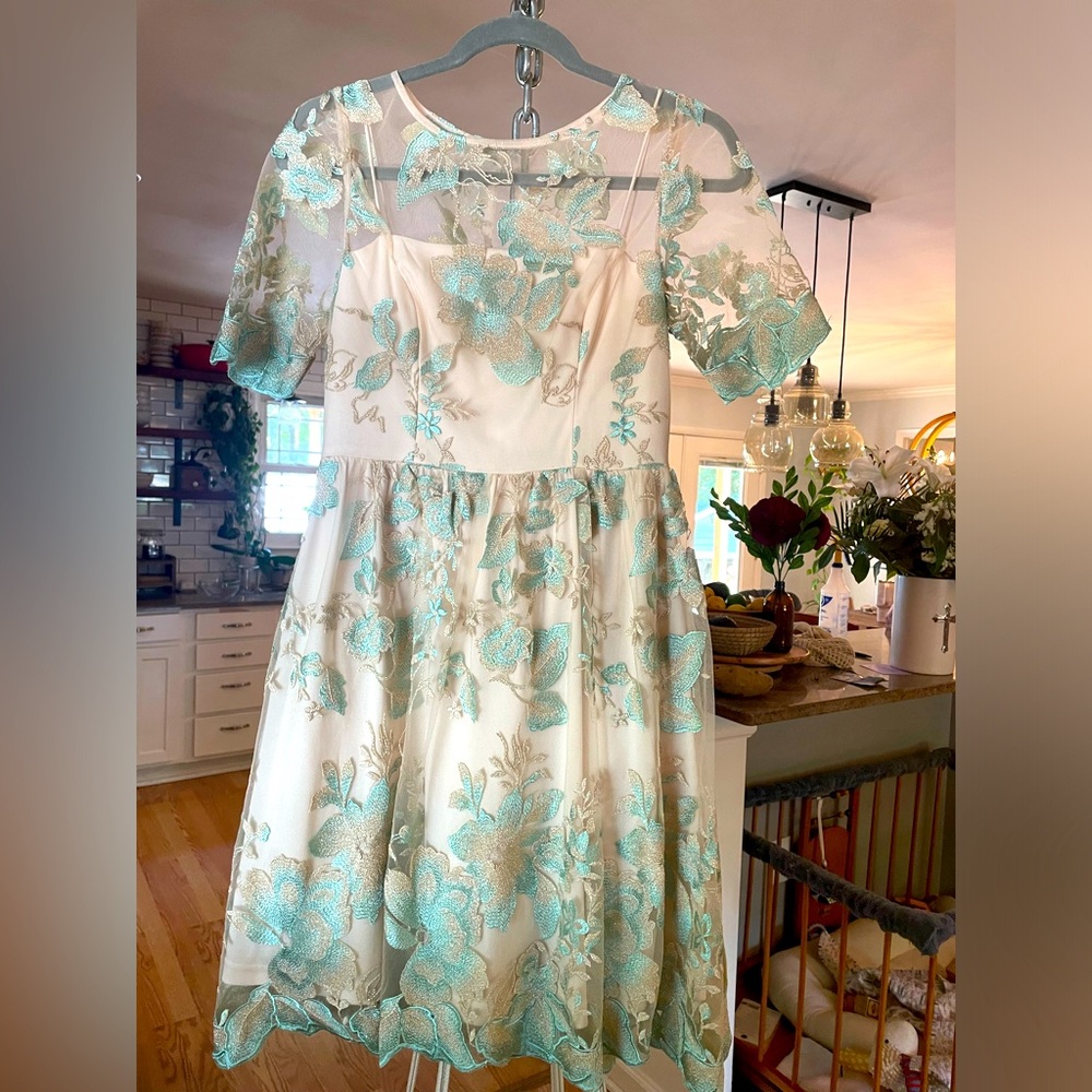 Adrianna Papell embroidered teal sheer dress Women’s size 2